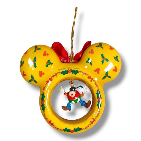 Vintage Disney Goofy Christmas Mickey Mouse Ears Ornament Yellow Red Bow - Picture 1 of 6